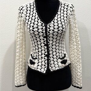 White Crochet Cardigan with Black Trim
